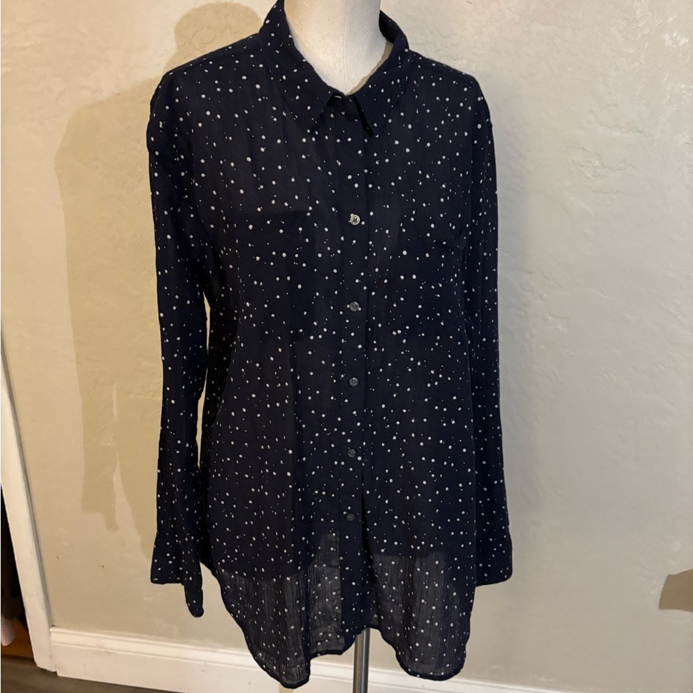 Navy Eddie Bauer Polka Dot Button-Down Blouse Sz 2XL